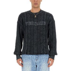 VERSACE Men's Intarsia Logo Geometric Cable Knit Sweater Men GREY Sweaters &